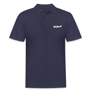 White Tecnam Sierra aircraft customizable printed design placed on the left breast of a navy blue polo shirt.