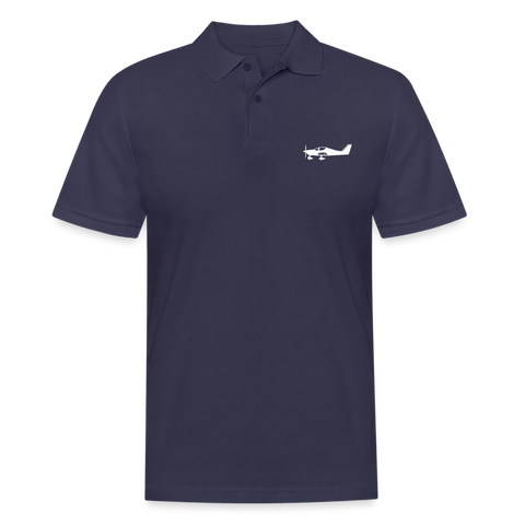 White Tecnam Sierra aircraft customizable printed design placed on the left breast of a navy blue polo shirt.