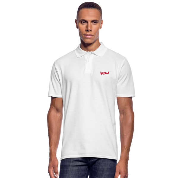 Red Tecnam Sierra aircraft printed customizable design on a white polo shirt.