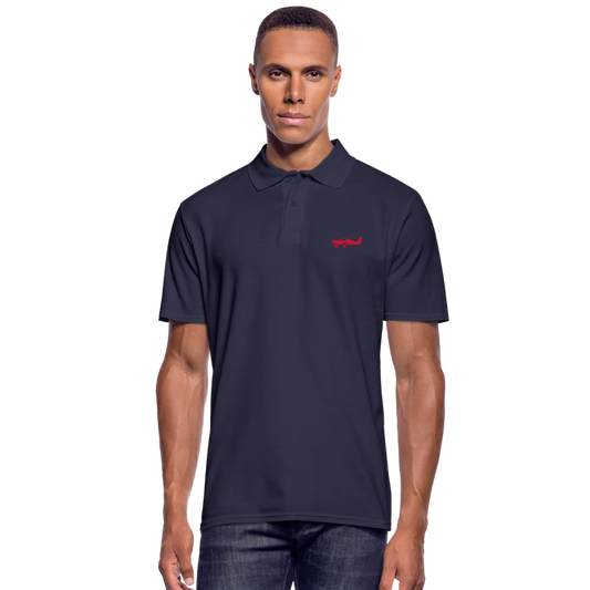 Red Tecnam Sierra aircraft printed customizable design on a navy  blue polo shirt.