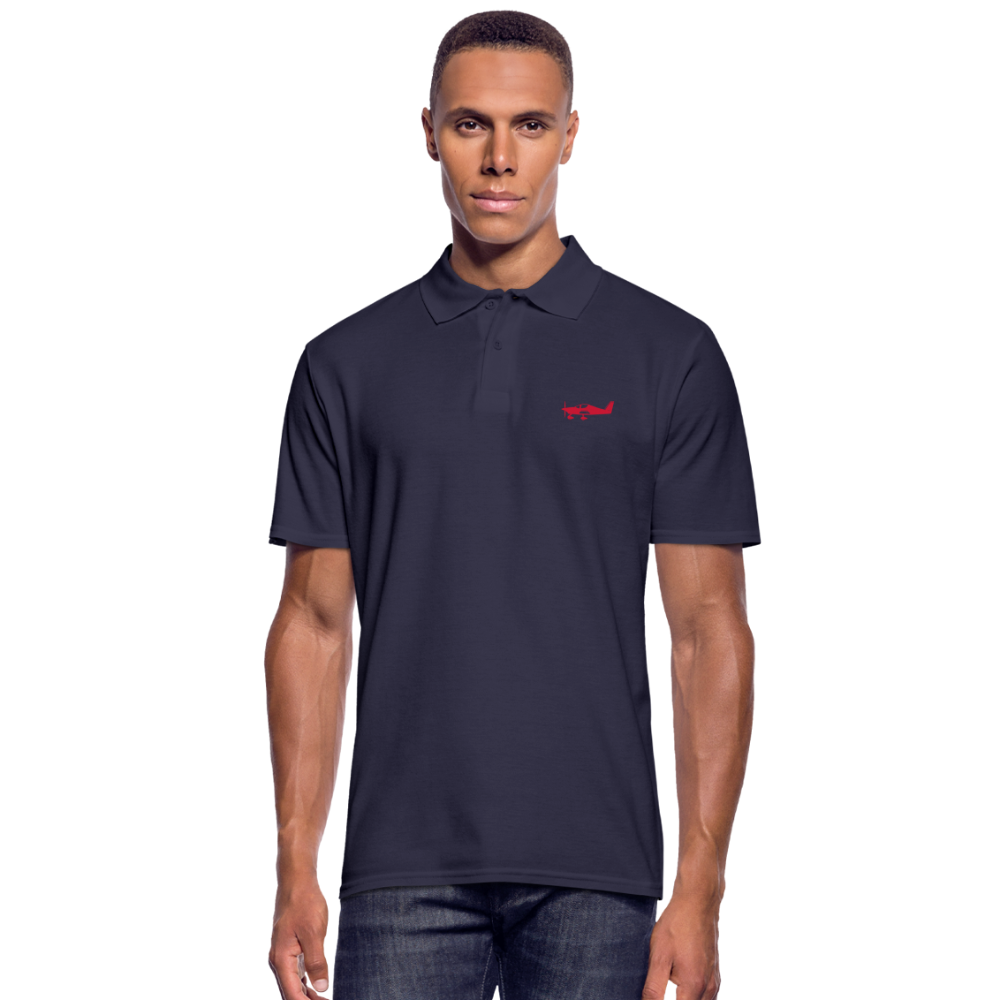 Red Tecnam Sierra aircraft printed customizable design on a navy  blue polo shirt.