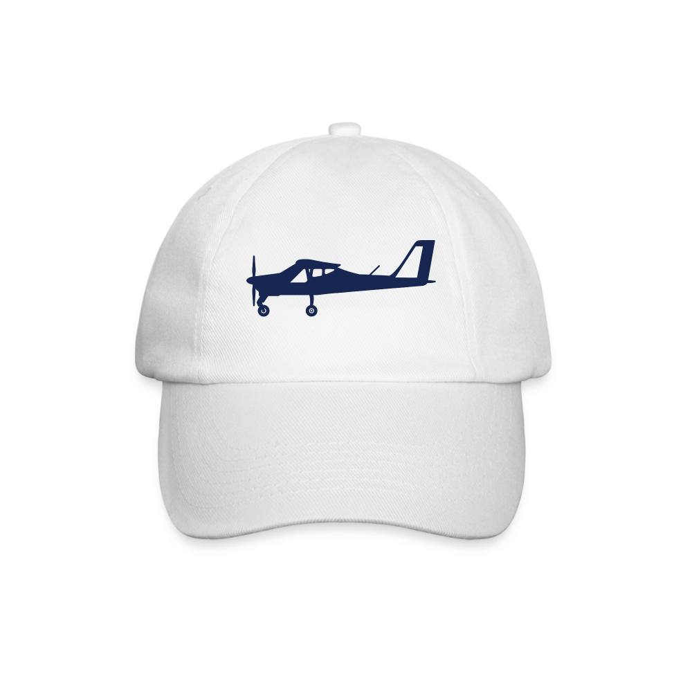 Pilots' wear:  Navy blue Tecnam P92 aircraft design on a white customizable cap 