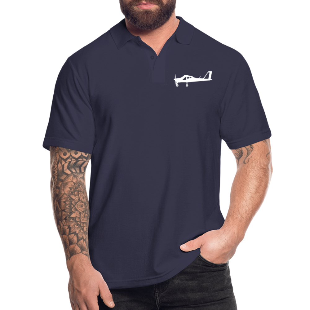 Pilots' wear : White Tecnam P92 aircraft customizable design placed on the left breast of a navy blue Polo shirt.