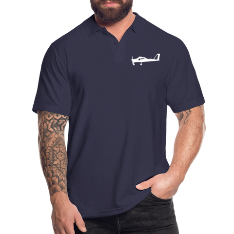 Pilots' wear : White Tecnam P92 aircraft customizable design placed on the left breast of a navy blue Polo shirt.