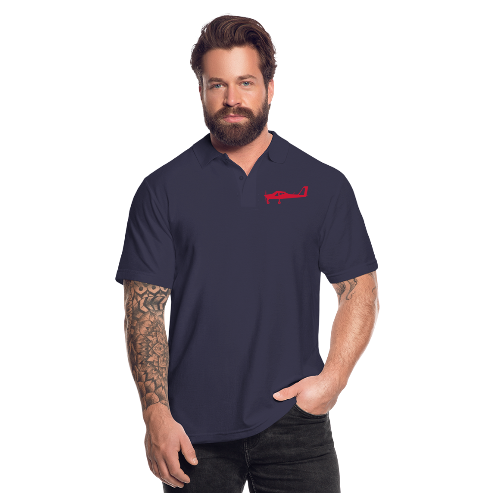 Pilots' wear : Red Tecnam P92 customizable design placed on the left breast of a navy blue  polo shirt.