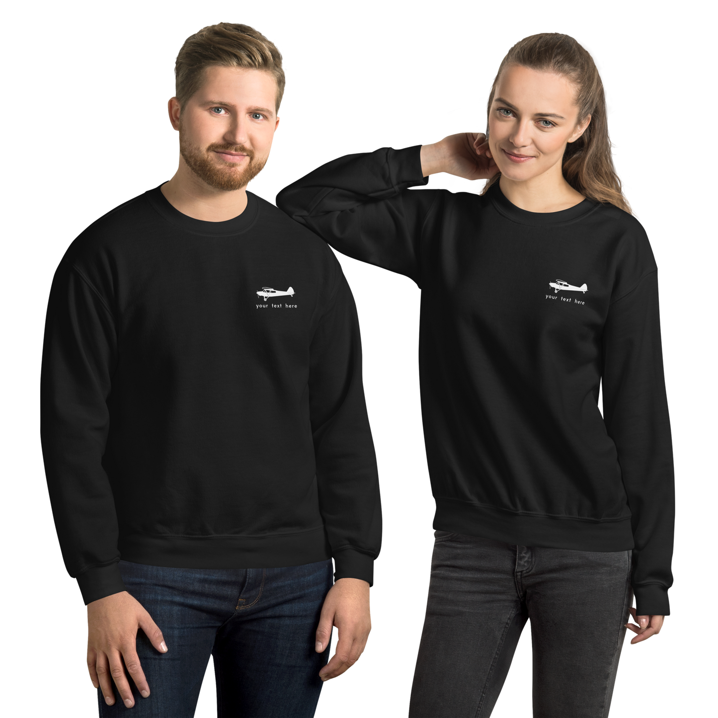 Pilots sweaters: White Super Cub customizable design positioned on the left breast on a black sweatshirt.