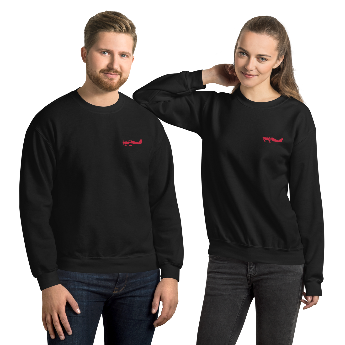 Red Astore aircraft design placed on the left breast of a black sweatshirt