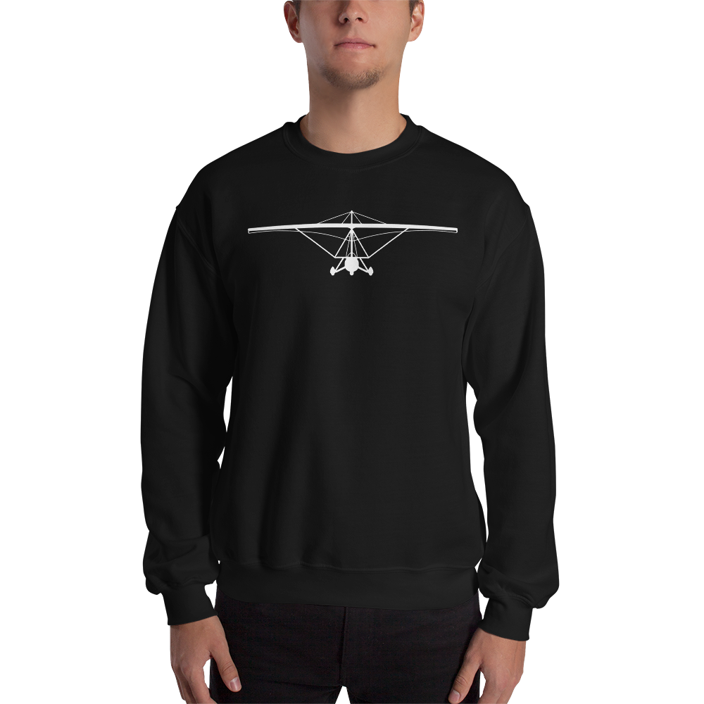 Pilot Shirts: White large printed weight shift aircraft design placed on the front of a black sweatshirt.