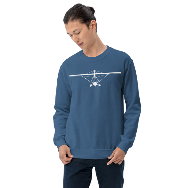 Pilot Shirts: White large printed weight shift aircraft design placed on the front of an indigo blue sweatshirt.