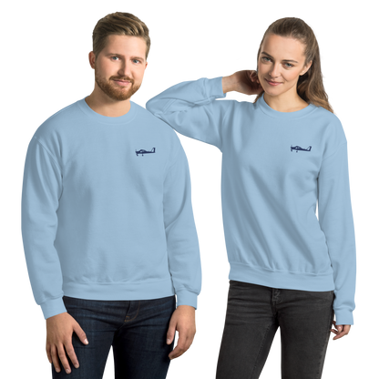 Navy blue Tecnam P92 aircraft printed design placed on the left breast of a light blue sweatshirt