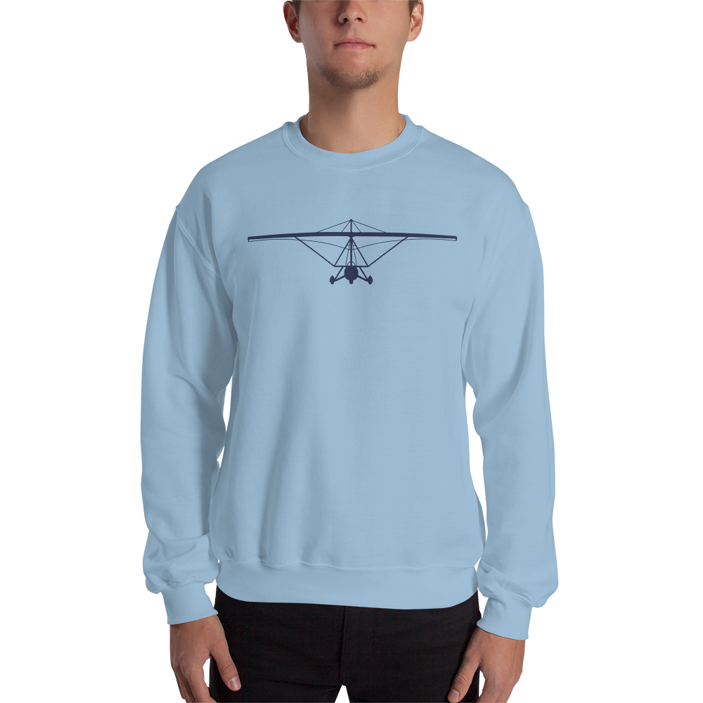 Pilot Shirts: Navy blue large printed weight shift aircraft design placed on the front of a light blue sweatshirt.