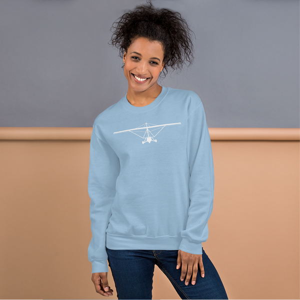 Pilot Shirts: White large printed weight shift aircraft design placed on the front of a light blue sweatshirt.