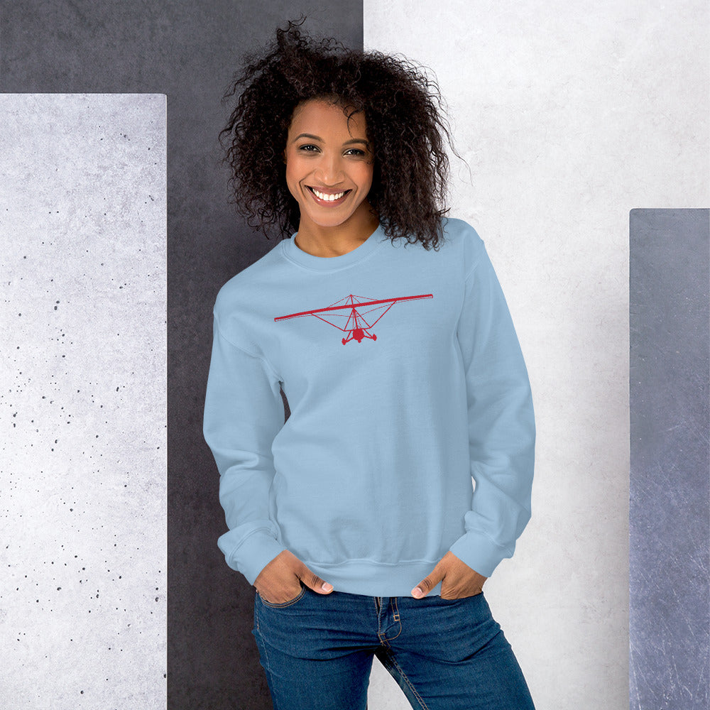 Pilot Shirts: Red large printed weight shift aircraft design placed on the front of a light blue sweatshirt.