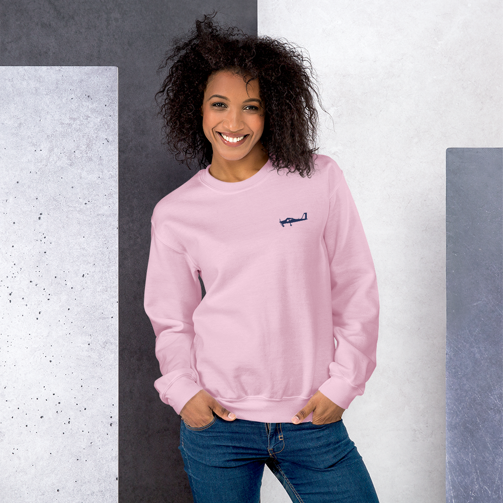 Navy blue Tecnam P92 aircraft printed design placed on the left breast of a pink sweatshirt