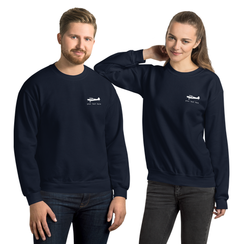 Pilots sweaters: White Super Cub customizable design positioned on the left breast on a navy blue sweatshirt.