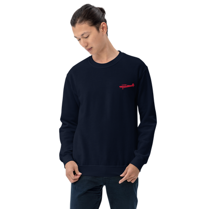 Pilots sweaters: Red Super Cub design positioned on the left breast of a navy blue sweatshirt.