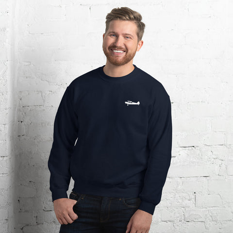 Pilots sweaters: White Super Cub  design positioned on the left breast of a navy blue sweatshirt.