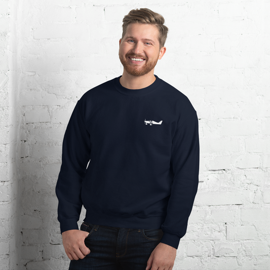 White Astore aircraft design placed on the left breast of a navy blue sweatshirt