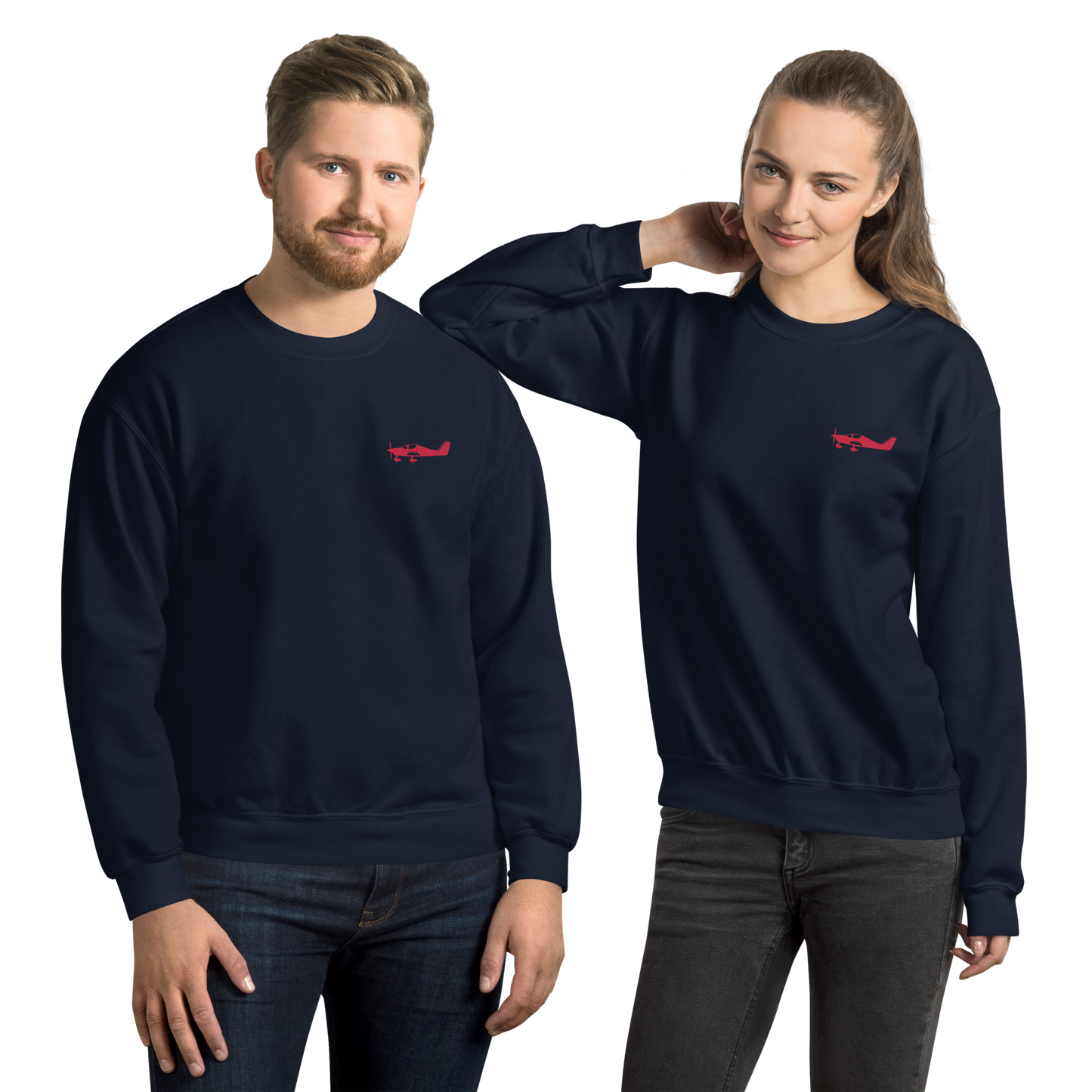 Red Astore aircraft design placed on the left breast of a navy blue sweatshirt