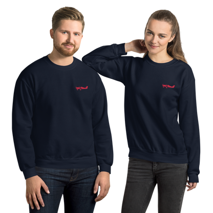 Red Astore aircraft design placed on the left breast of a navy blue sweatshirt