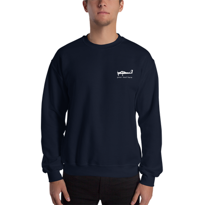 White Tecnam P92 aircraft customizable design placed on the left breast of a navy blue sweatshirt