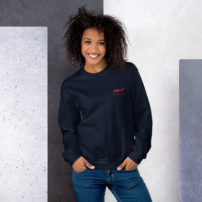 Red Tecnam P92 aircraft customizable design placed on the left breast of a navy blue sweatshirt