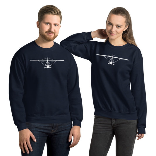 Pilot Shirts: White large printed weight shift aircraft design placed on the front of a navy blue sweatshirt.