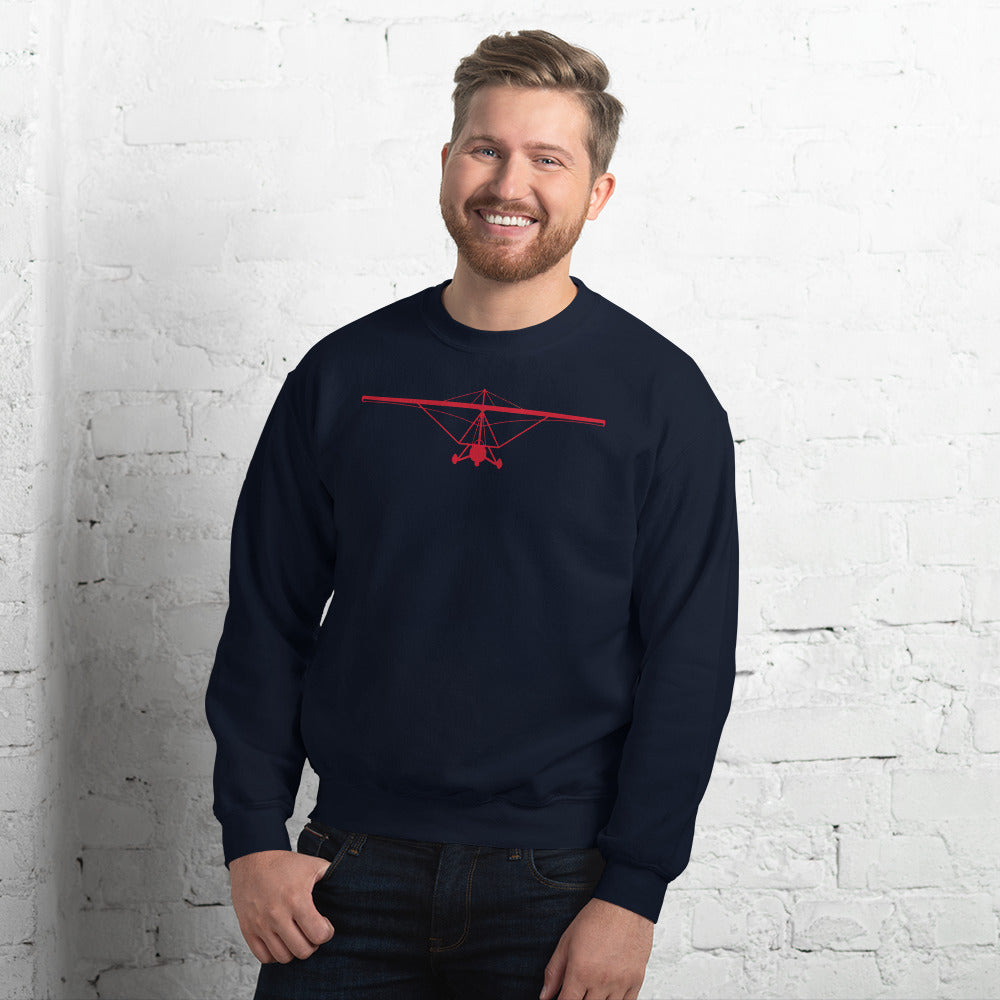 Pilot Shirts: Red large printed weight shift aircraft design placed on the front of a navy blue sweatshirt.