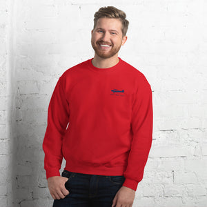 Pilots sweaters: Navy Blue Super Cub customizable design positioned on the left breast on a red sweatshirt.