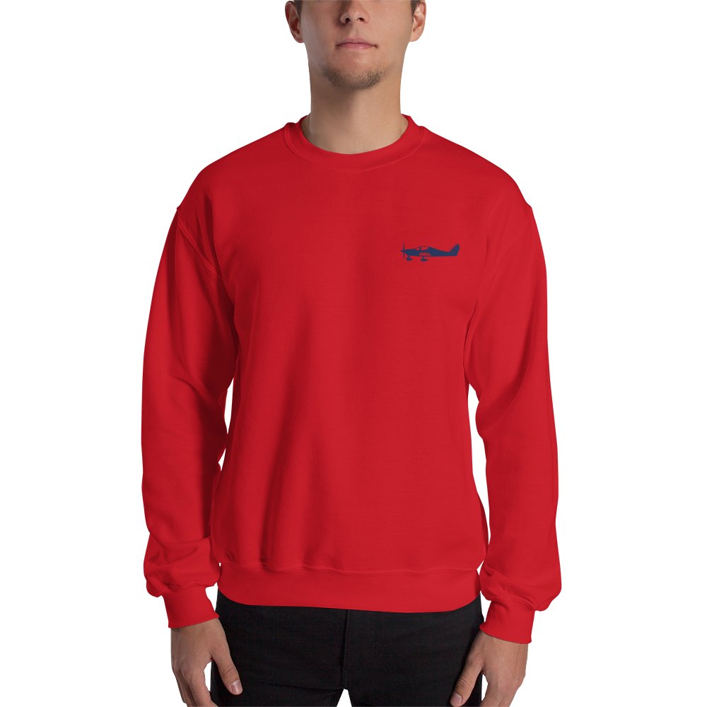 Navy blue Astore aircraft design placed on the left breast of a navy red sweatshirt