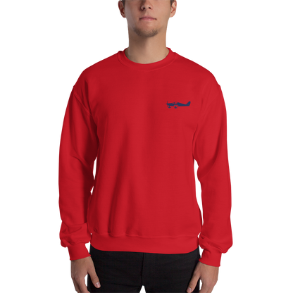 Navy blue Astore aircraft design placed on the left breast of a navy red sweatshirt