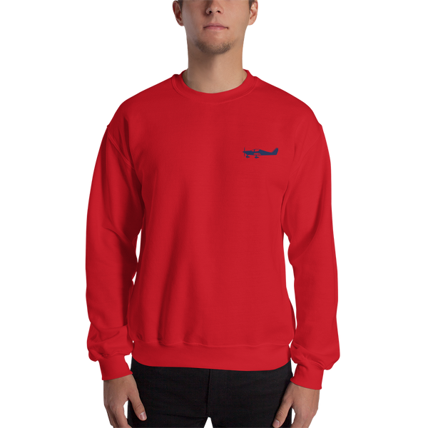 Navy blue Astore aircraft design placed on the left breast of a navy red sweatshirt