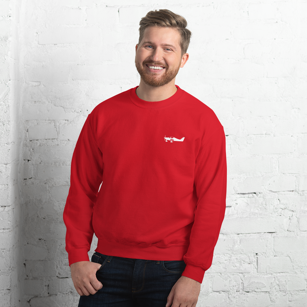 White Astore aircraft design placed on the left breast of a navy red sweatshirt