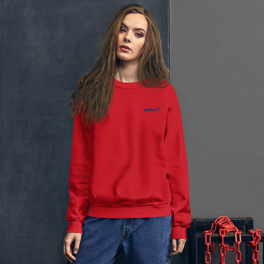 Navy blue Tecnam P92 aircraft printed design placed on the left breast of a red sweatshirt