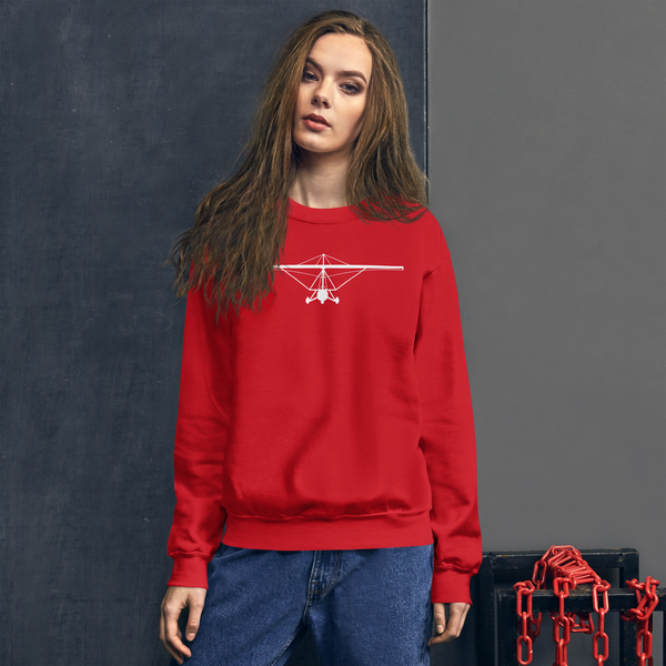 Pilot Shirts: White large printed weight shift aircraft design placed on the front of a red sweatshirt.