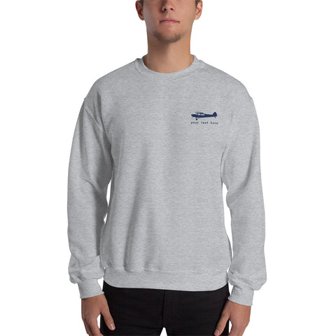 Pilots sweaters: White Super Cub customizable design positioned on the left breast on a light grey sweatshirt.