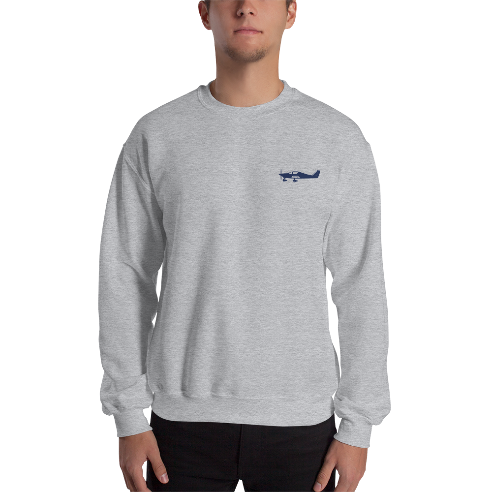 Navy blue Astore aircraft design placed on the left breast of a navy light grey sweatshirt