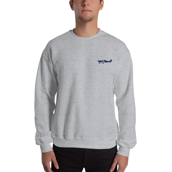 Navy blue Astore aircraft design placed on the left breast of a navy light grey sweatshirt