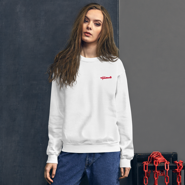 Pilots sweaters: Red Super Cub design positioned on the left breast of a white sweatshirt.