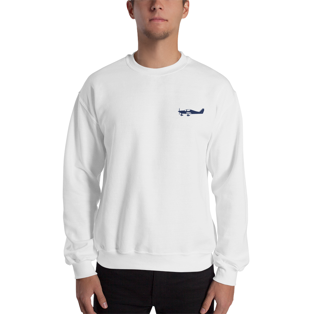 Navy blue Astore aircraft design placed on the left breast of a navy white sweatshirt