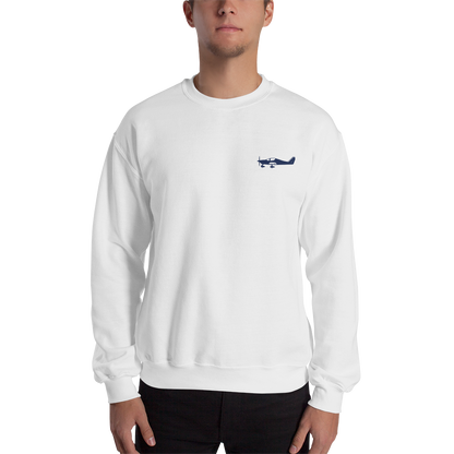 Navy blue Astore aircraft design placed on the left breast of a navy white sweatshirt