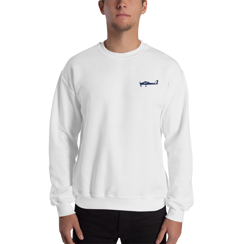 Navy blue Tecnam P92 aircraft printed design placed on the left breast of a white sweatshirt