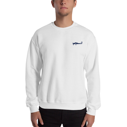 Navy blue Tecnam P92 aircraft printed design placed on the left breast of a white sweatshirt