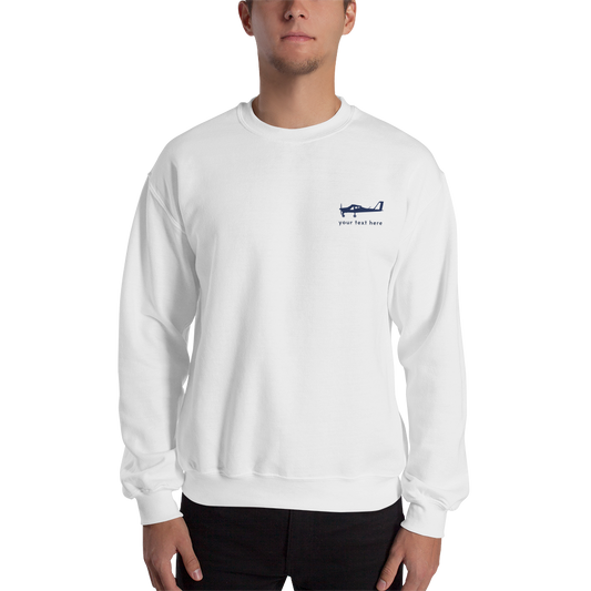 Navy blue Tecnam P92 aircraft customizable design placed on the left breast of a white sweatshirt