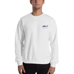 Navy blue Tecnam P92 aircraft customizable design placed on the left breast of a white sweatshirt