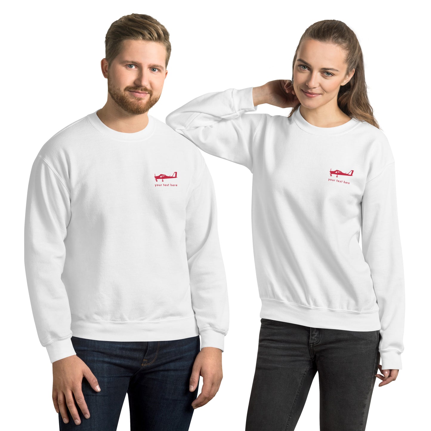 Red Tecnam P92 aircraft customizable design placed on the left breast of a white sweatshirt