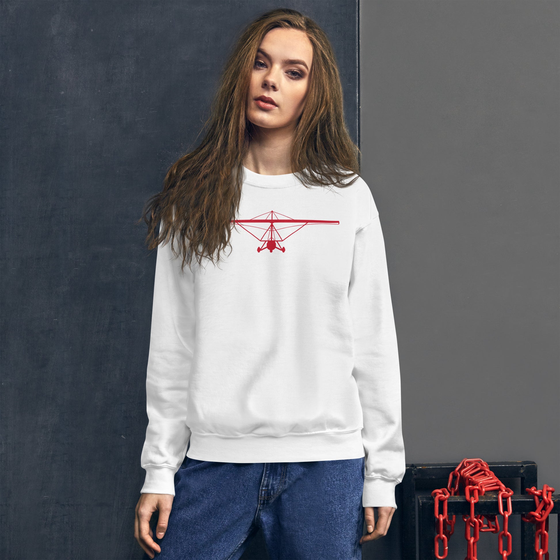 Pilot Shirts: Red large printed weight shift aircraft design placed on the front of a white sweatshirt.