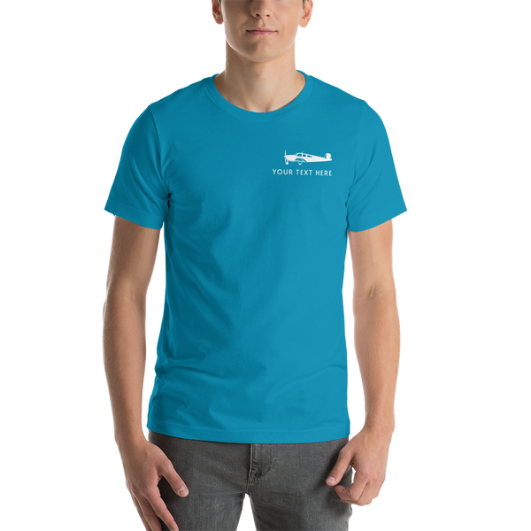 white Beechcraft aircraft design on an aqua t-shirt