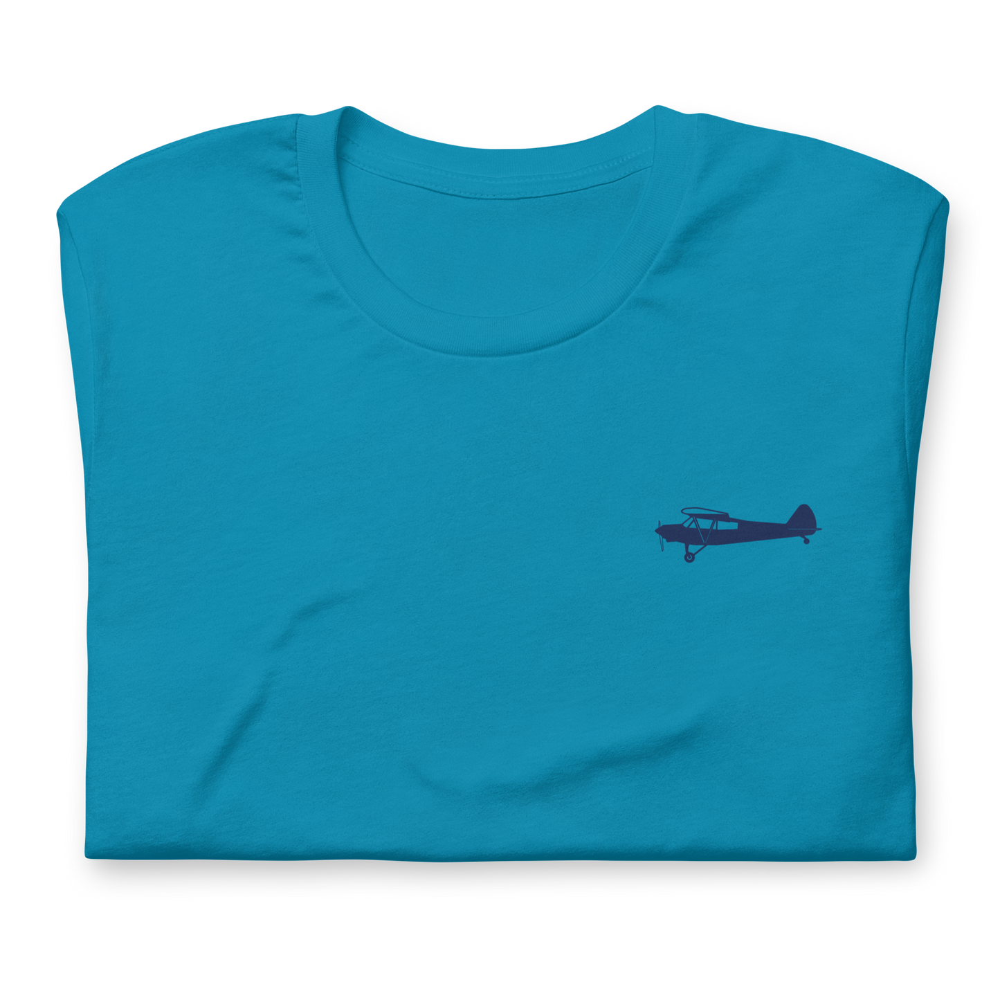 Pilots shirts: Navy blue Super Cub design positioned on the left breast of an aqua t-shirt.