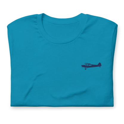 Pilots shirts: Navy blue Super Cub design positioned on the left breast of an aqua t-shirt.